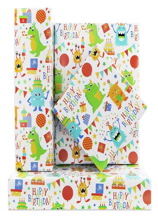 Boerni Happy Birthday Little Monsters Wrapping Paper Set of 4 Sheets Folded Flat 20x28 inches Per Sheet For Boys Kids Girls Men Women, Colorful Gift Wrap Paper For all Birthday Party Baby Shower Kindergarten Celebrating Occasions - Image 1